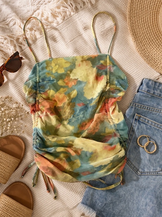 Urban Outfitters Tops - Urban Outfitters Floral Ruched Cami Top Mesh Sheer Side Tie XS